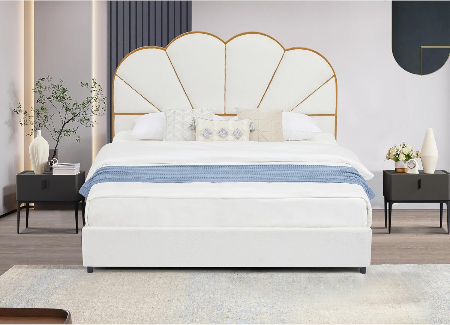King Size Platform Bed Frame with 4 Drawers Upholstered Strong Wood Slats Support White Custom