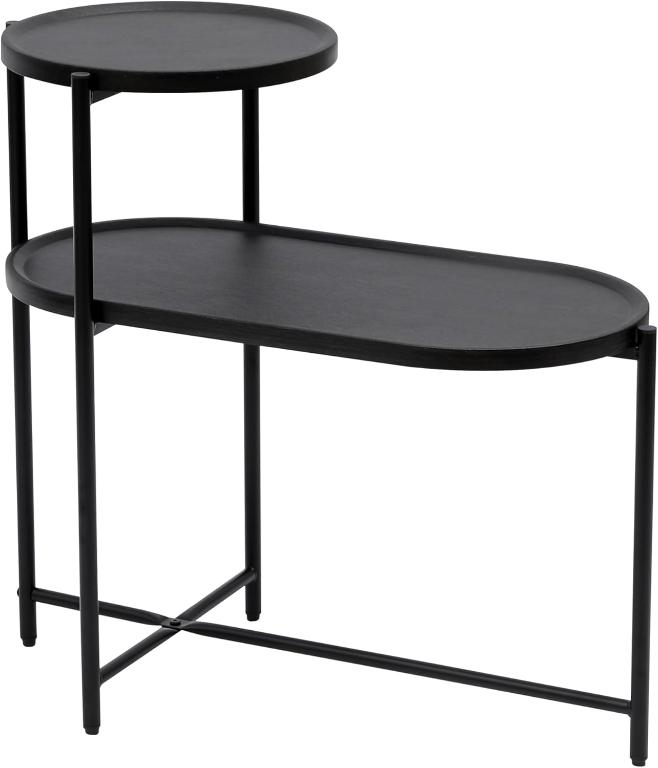 Round Coffee Table with Storage Tray 2 Tier Oval End Tables Wooden Small Side Table for Living Room (Black)