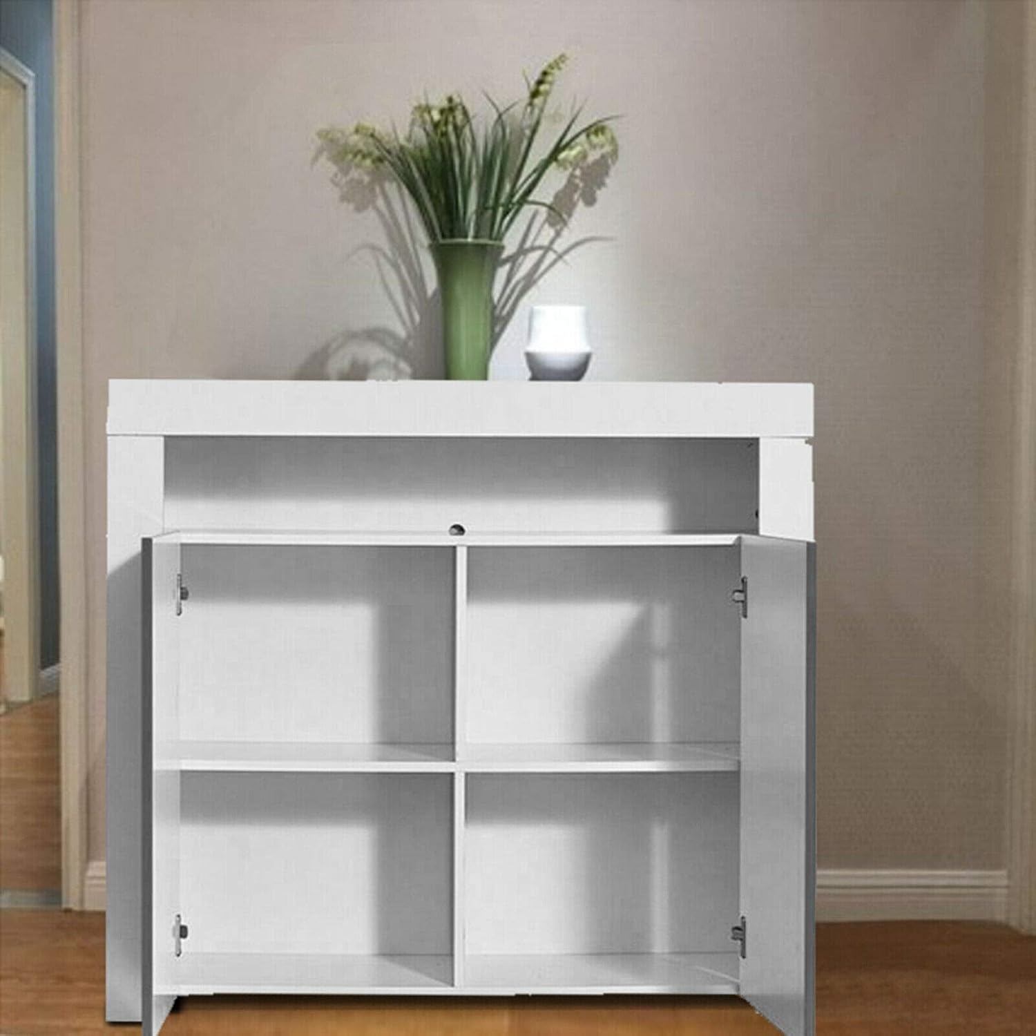 Modern High Gloss Sideboard 2 Door Storage Cabinet Open Cupboard Sleek Farmhouse Accent Side Cabinet Kitchen Buffet Cabinet with Multi-Color LED Lights and Interior Shelves Fashion Home Furniture