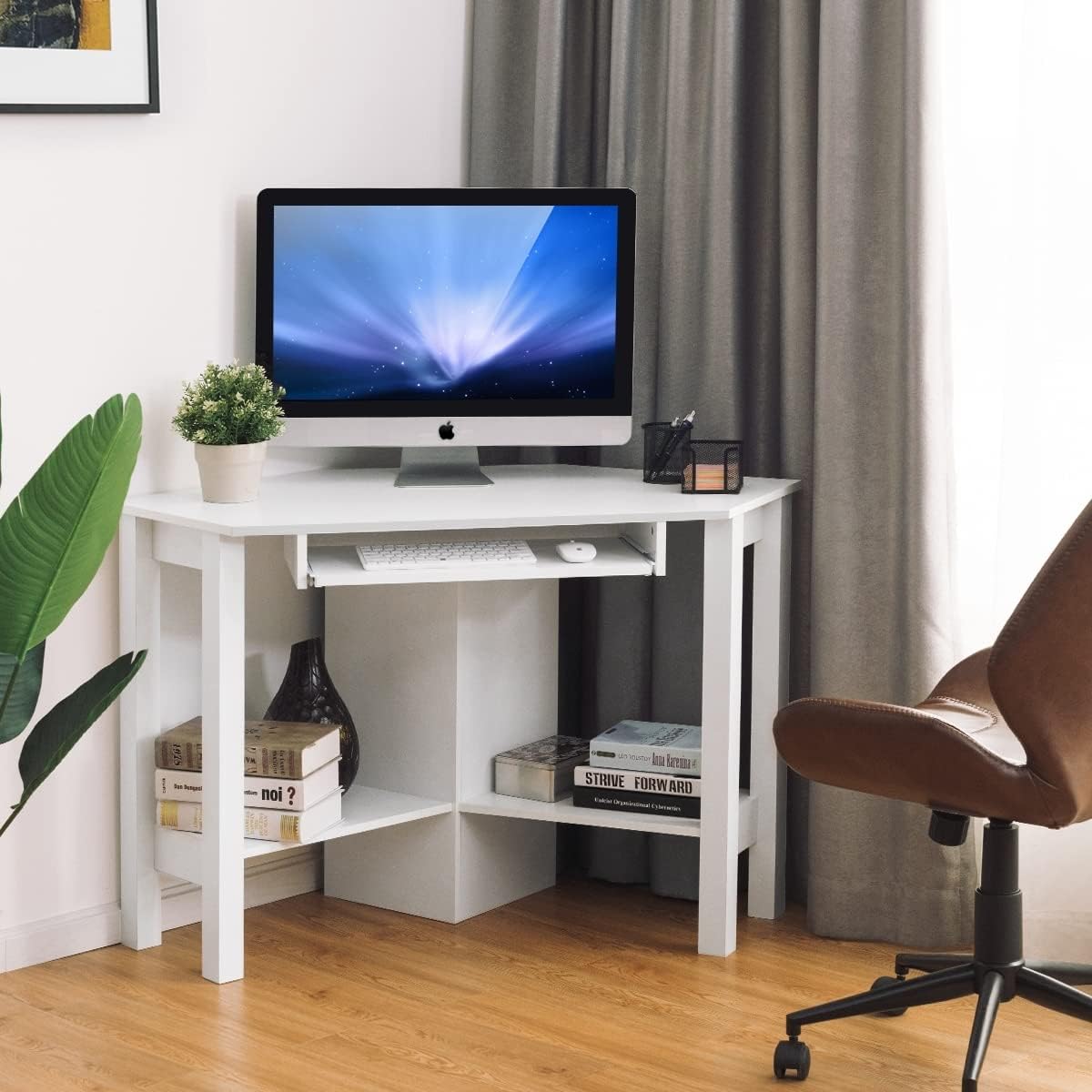 Overstock Wooden Corner Computer Desk with Drawer Office Study Table Black