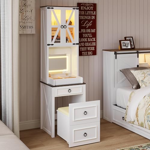 Vanity Desk with Mirror,Small Makeup Vanity Set with Customizable Lighting,Compact Makeup Vanity Desk with Hidden Storage and Comfortable Stool,Dressing Table for Bedroom,Brown