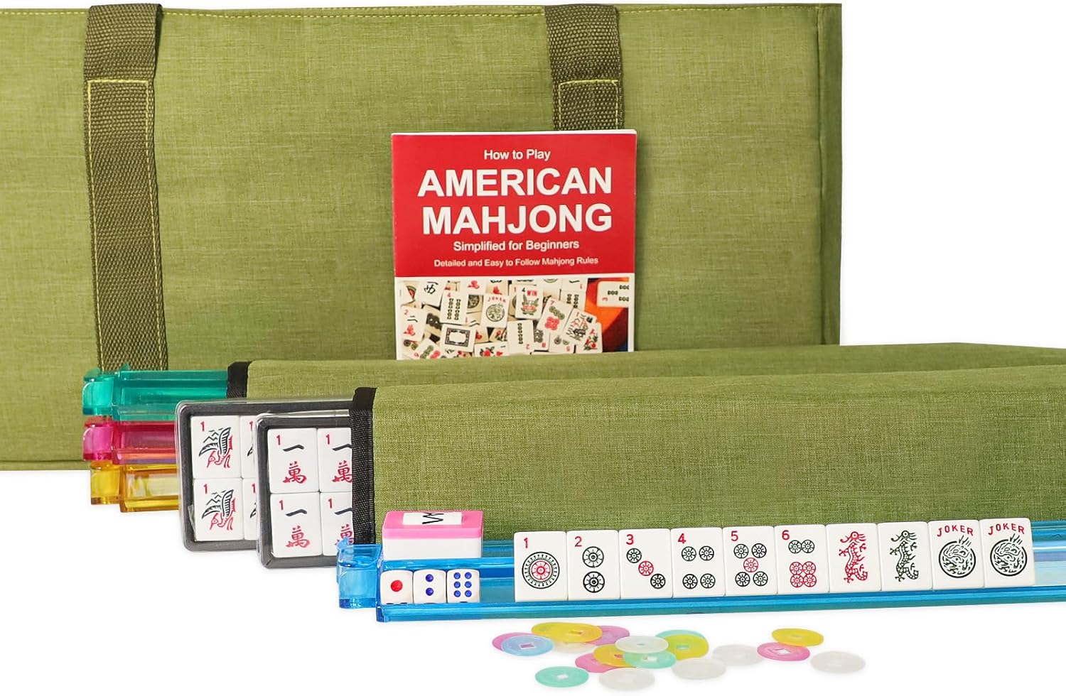 American Mahjong Set,Mahjongg Game Set,166 White Tiles with Green Bag & Complete Accessories,4 All-in-One Rack/Pushers,Ma Jongg Set (Mah-Jongg, Majiang,Ma Jong)