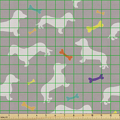 Lunarable Dachshund Fabric by The Yard, Colorful Cartoon Bones and House Pet Silhouettes Domestic Dogs Greyscale Backdrop, Decorative Fabric for Upholstery and Home Accents, 3 Yards, Multicolor