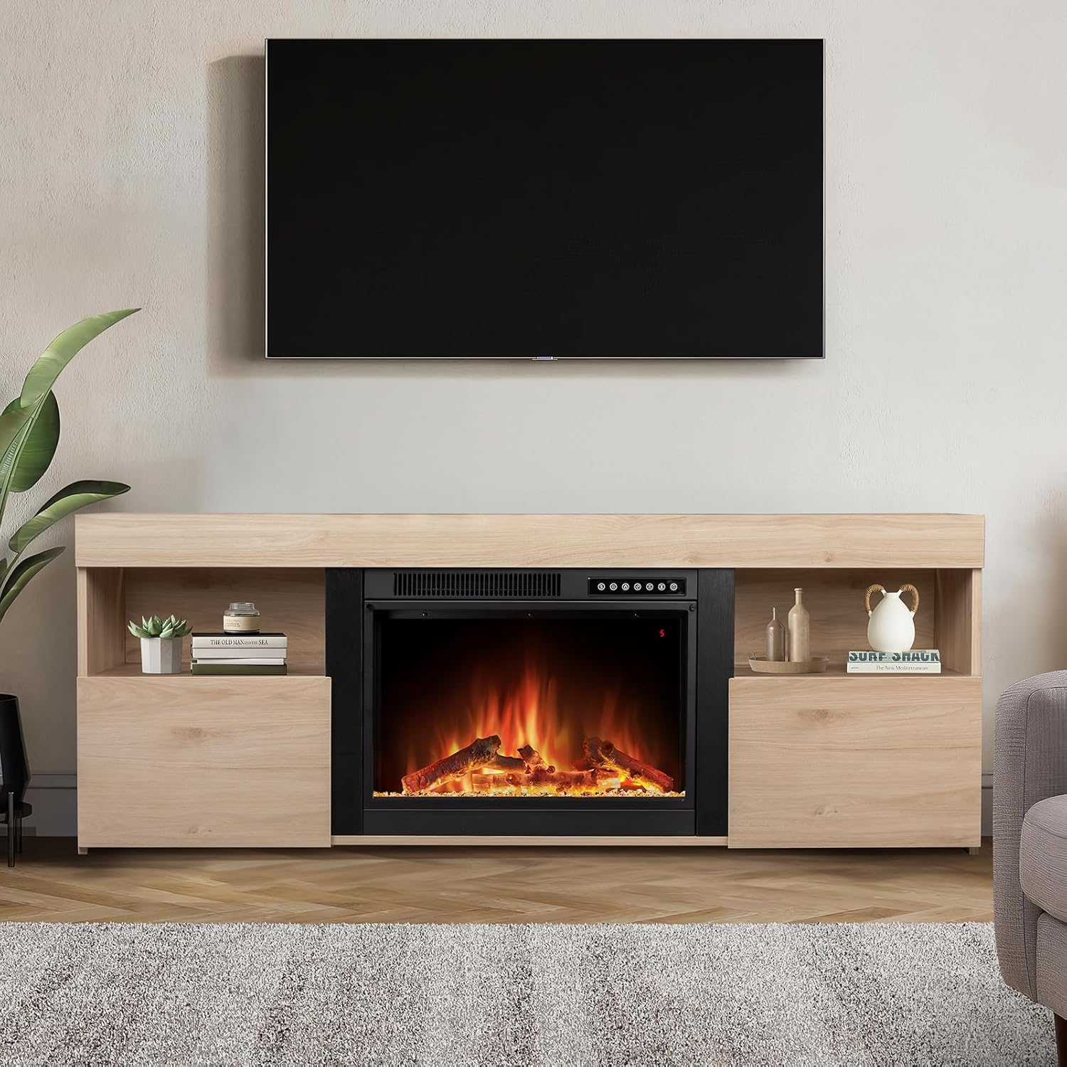 Xbeauty Fireplace Tv Stand for TVS up to 65 inchs,Modern Household TV Locker,Electric Fireplace TV Stand for Living Room,Pecan