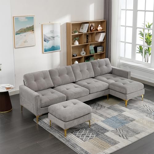 L/U Shaped Oversized 6 Seaters Free Combined Corduroy Modular Sectional Sofa Couch Corner Sofa&Couch with Movable Ottoman Convertible Spacious Sleeper Sofabed for Home Apartment Office Living Room