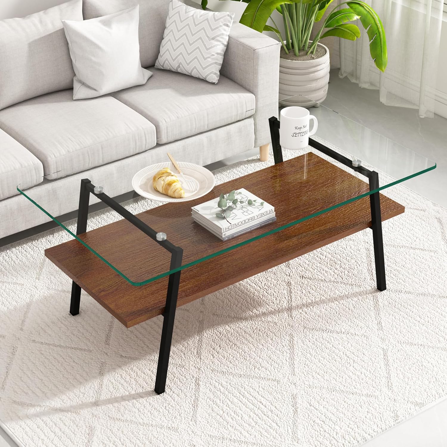 Glass Coffee Table, Simple & Modern Coffee Table for Living Room, Bedroom, Office, Square Coffee Tables with Open Storage Space, Tempered Glass Tabletop and Metal Legs
