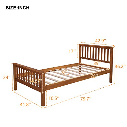Harper & Bright Designs Twin Bed Frame Wood Platform Twin Bed No Box Spring Required with Headboard and Footboard for Kids (Oak Bed Frame)