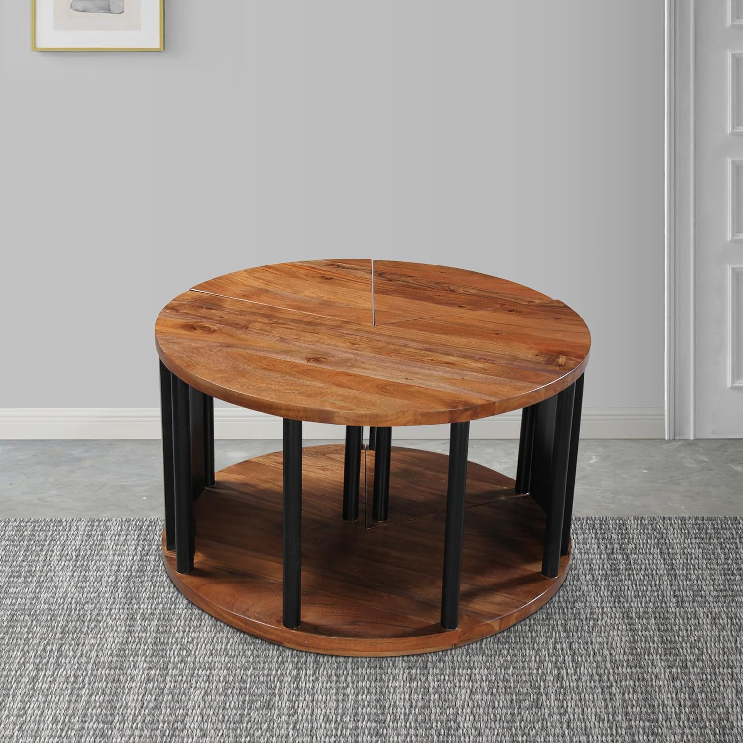 The Urban Port Jones 30-Inch Round Coffee Table, Handcrafted Natural Brown Acacia Wood, 3 Piece Split Design