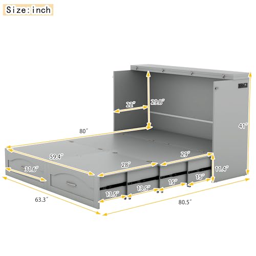 Full Size Murphy Bed Wall Bed with Drawers, Shelves and LED Lights, Foldable Platform Bed Folded into Cabinet, Muti-Functional Designed for Home Office (Gray&Drawer-2, Full)