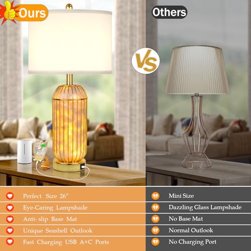 26” Table Lamps with Nightlight, Gold Bedside Lamps Set of 2 with Upgraded Fast Charging USB C+A Ports, Modern Nightstand Lamps with Elegant Handmade Capiz Seashell for Living Room Bedroom End Table