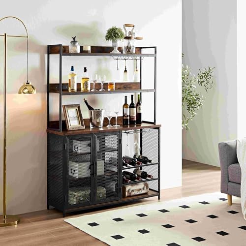 Coffee Bar Cabinet with Power Outlet, Industrial , Cabinet with LED Strip and Glass Holder, 3-Tiers Liquor Cabinet Bar for Home, Dining Room, Kitchen, Vintage Brown Servers, Sideboards & Buffets