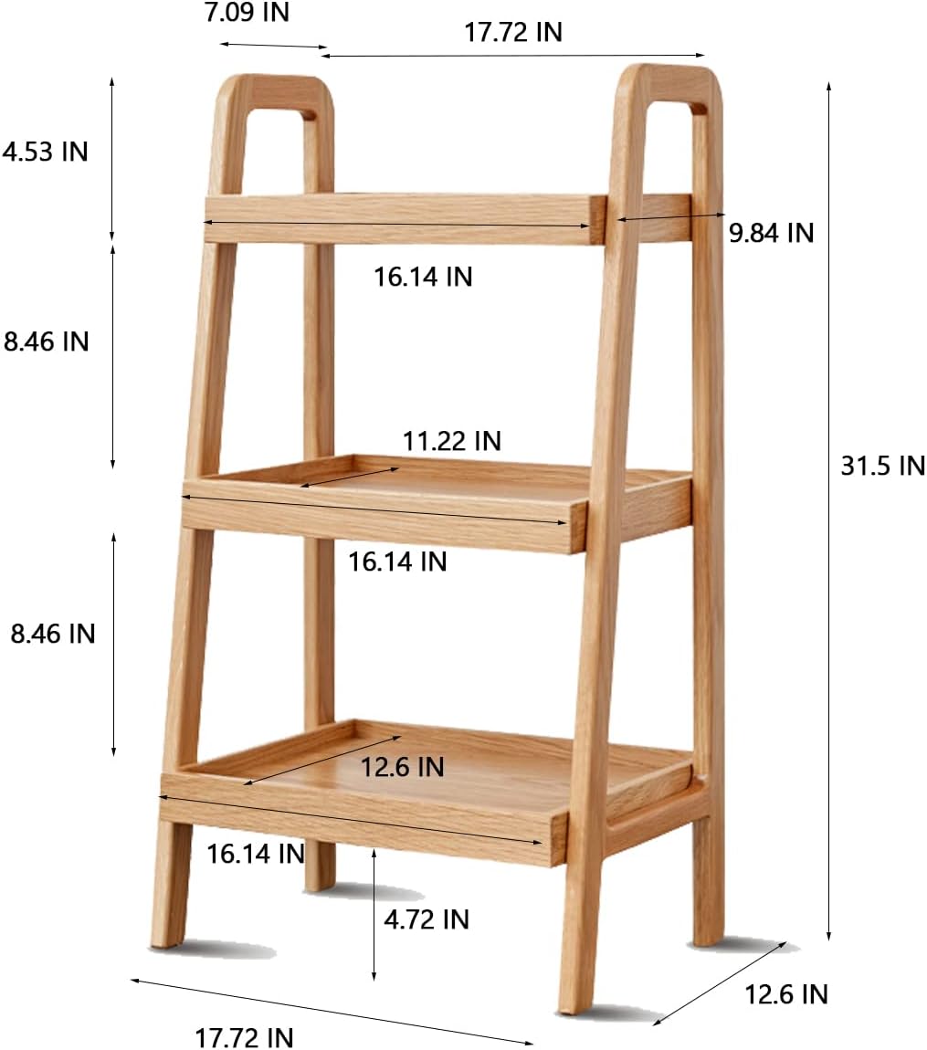 3-Tiers Ladder Bookshelf, Solid Oak Wood Ladder Shelf, Floor Bookcase, Side Table for Living Room, Storage Open Shelf for Kitchen, Bathroom