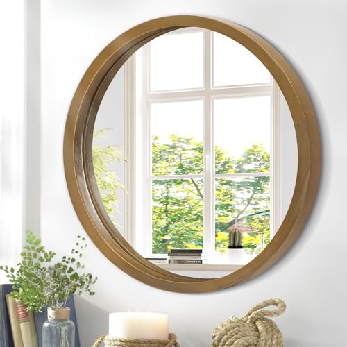 Circle Wall Mirror 16 Inch Wooden Round Wall Mirror for Bathroom Vanity, Gray Circular Mirror Washroom Wall Mounted Wood Frame Make up Mirror for Living Room, Bedroom, Dorm