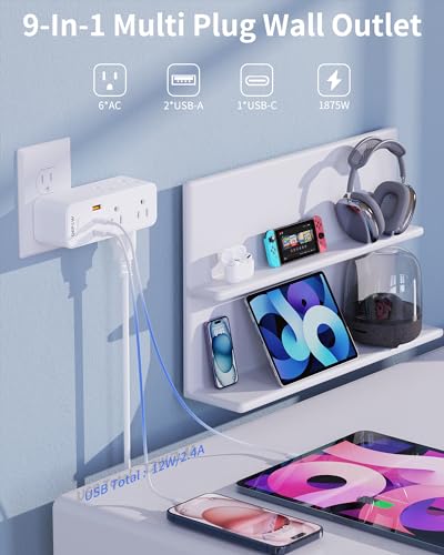 Outlet Extender with 360° Rotating Plug, 6AC(1875W/15A) and 3USB Ports(1 USB-C), Multi Plug Wall Outlet with Overload Protection Switch for Curise, Travel, Dorm, Home Office, White