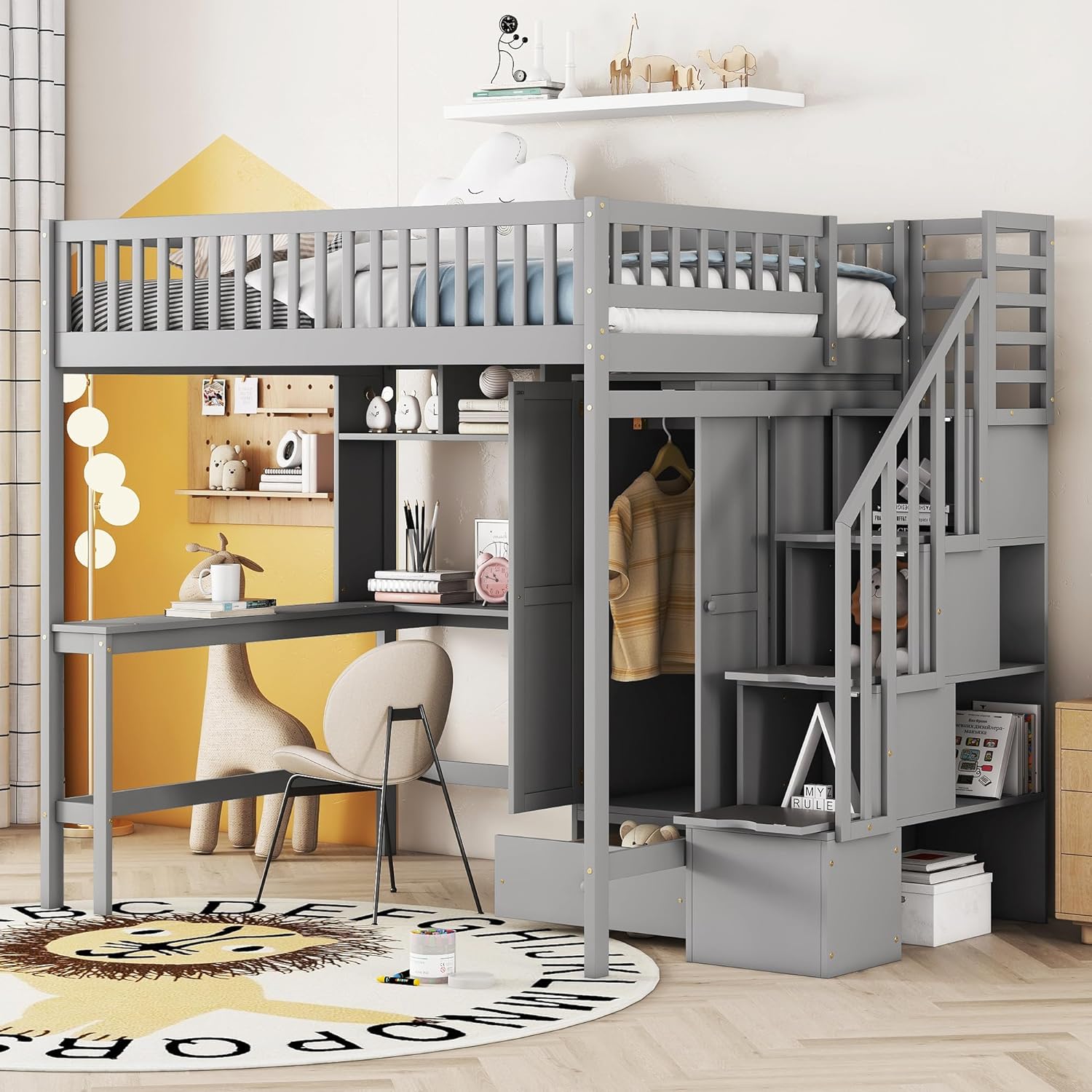 Multifunctional Full Size Loft Bed with Stairs Storage,Built-in Desk,Wardrobe,Drawers and Bookshelf,Wooden High Loftbed Frame for Kids Teens Adults Bedroom,Full,Gray