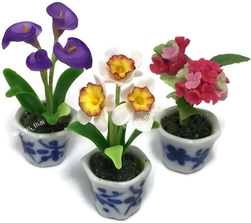 3pc Miniature Flower Clay Dollhouse Fairy Garden Mini Plant Trees Ceramic Paint Furniture Bundles Artificial Flowers Tiny Orchid #117