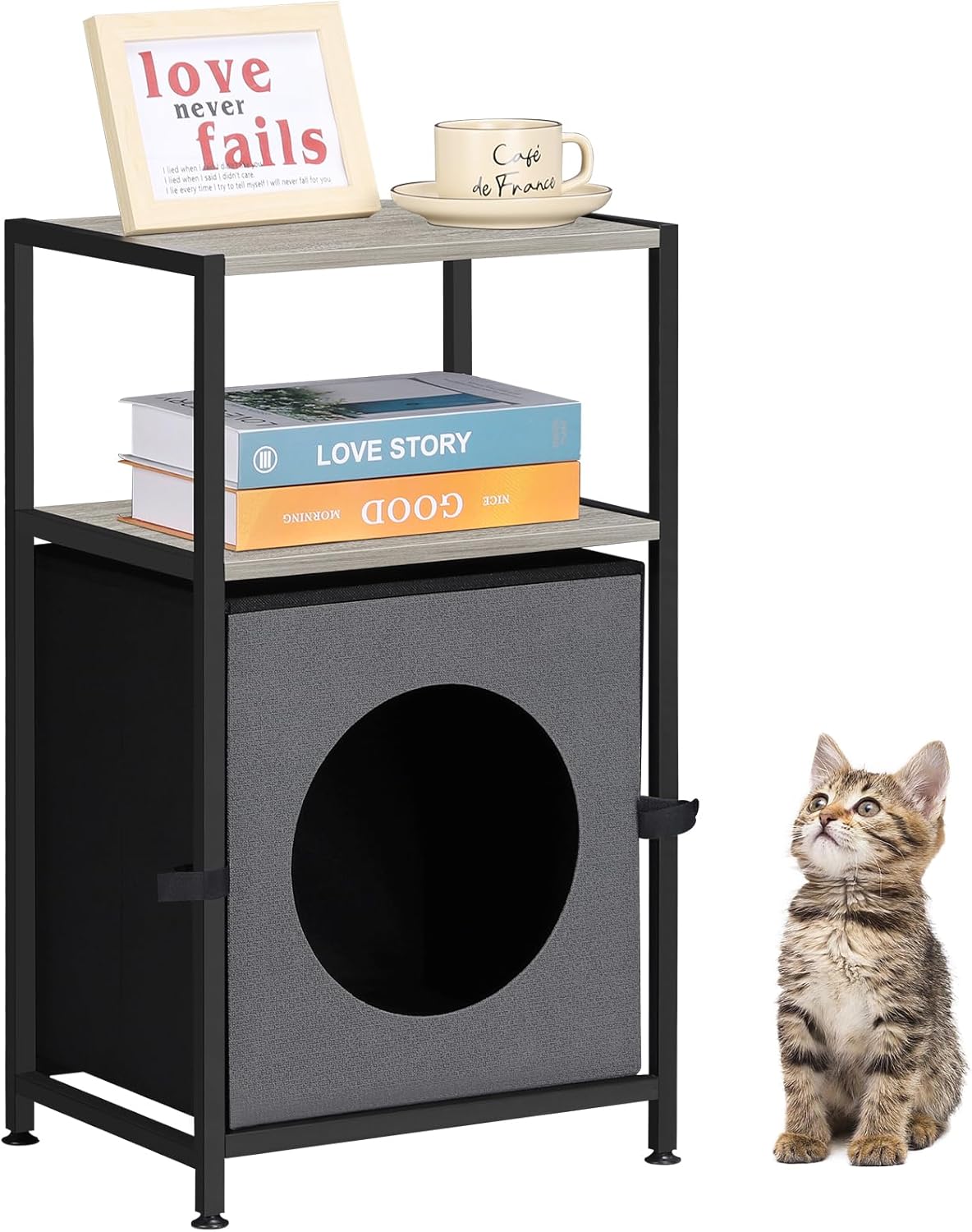 MOOACE Cat House, Hidden Cats House Furniture Shelves Storage, Indoor Cat Shelter Cabinet Pet Cave Bed End Table with Storage Shelf, Black