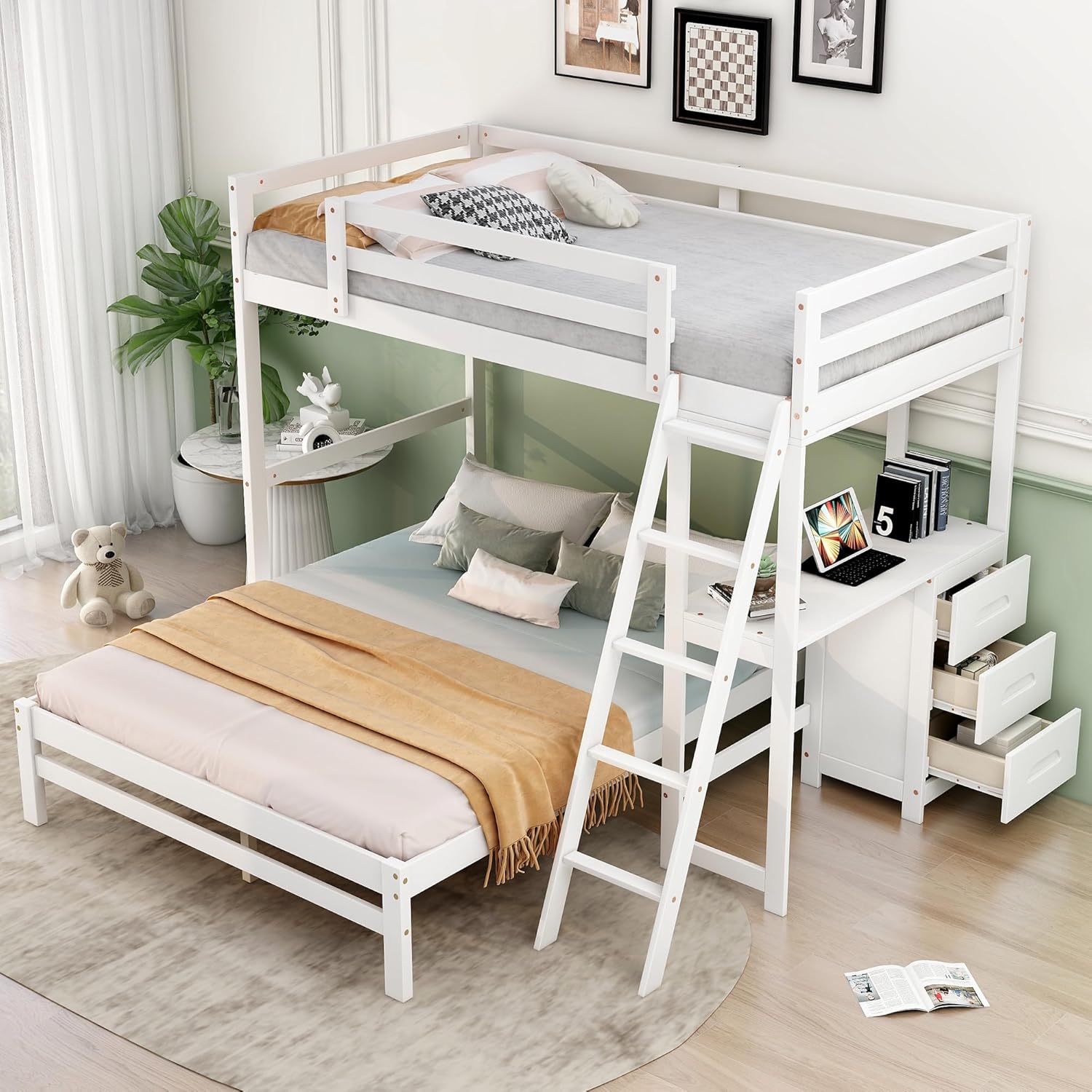 Twin Over Full Wooden Bunk Bed with Built-in Desk and 3 Drawers, L-Shaped Loft Bunk Bed with Removable Bottom Bed for Kids Girls Boys Teens, White