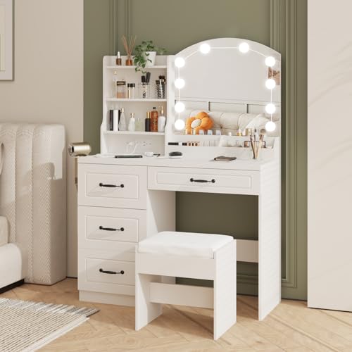 White Vanity Desk with Mirror,- Large Makeup Table Set with 4 Drawers Lots Storage ，3 Color Lighting Modes with Adjustable Brightness