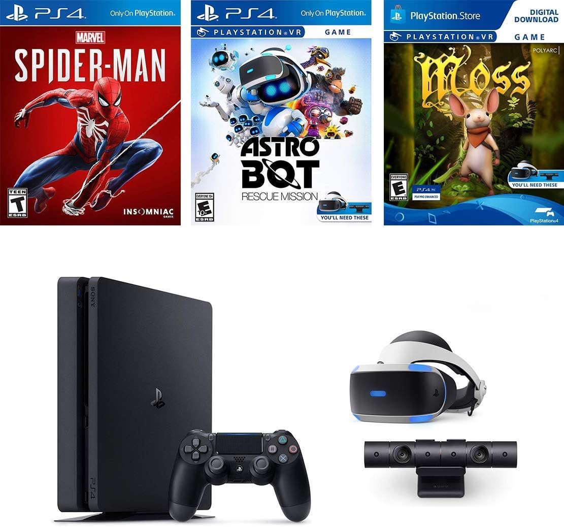 Sony Sony Playstation 4 Playstation 4 Slim 1TB Console Plus PS4 VR: Ps Camera, Ps VR Headset, Dual Shock 4 Wireless Controller, Game: Spider-Man, Moss Game, Astro Bot Rescue Mission, Black