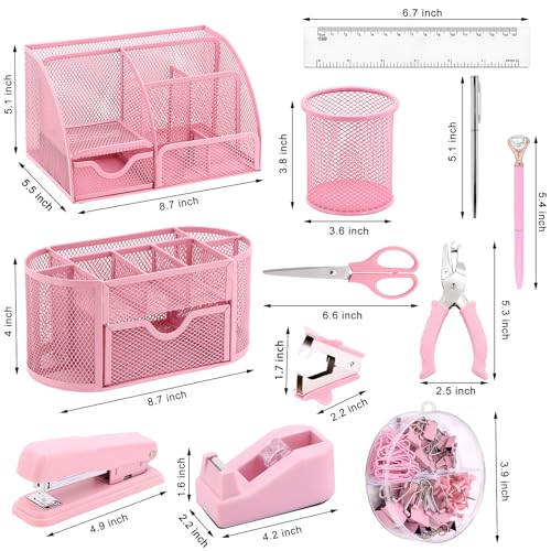 17 in1 Silvery Desk Organizers and Accessories Set, 3 Office Desk Supplies Storage Organization, 4 Pens, Stapler, Staples & Remover, Tape & Dispenser, Scissors, Ruler, Clips, Hole Punch, Sticky Holder