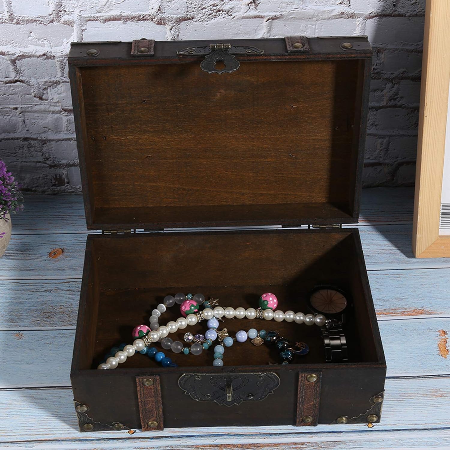 Ejoyous Treasure Chest, Vintage Wooden Box Decorative Treasure Jewelry Collection Storage Boxes with Lock and Lid for Home Decoration (6282-2302GK10-Retro Desktop Storage)