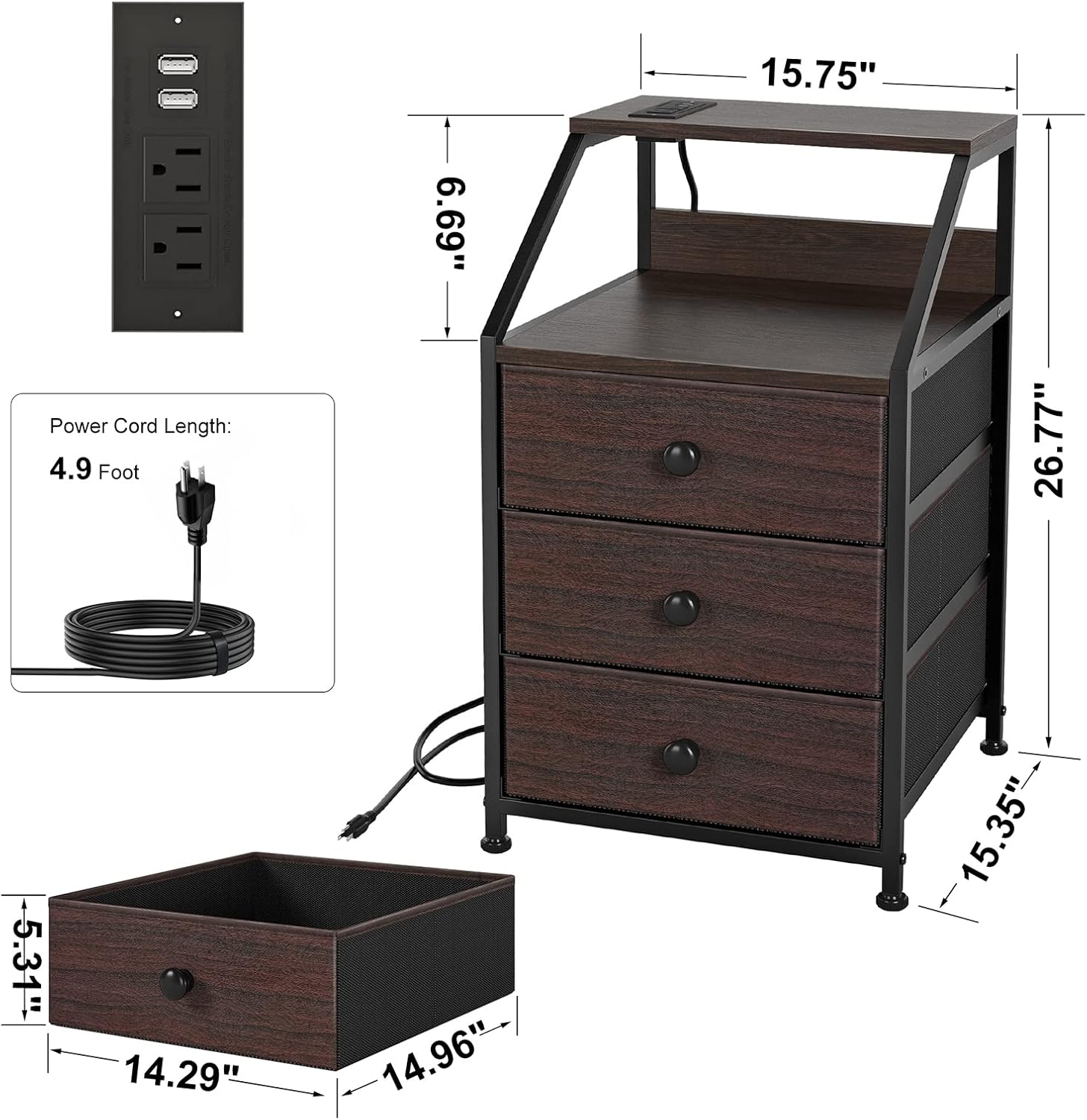 REAHOME Nightstand Set of 2（Rustic Brown + Black）
