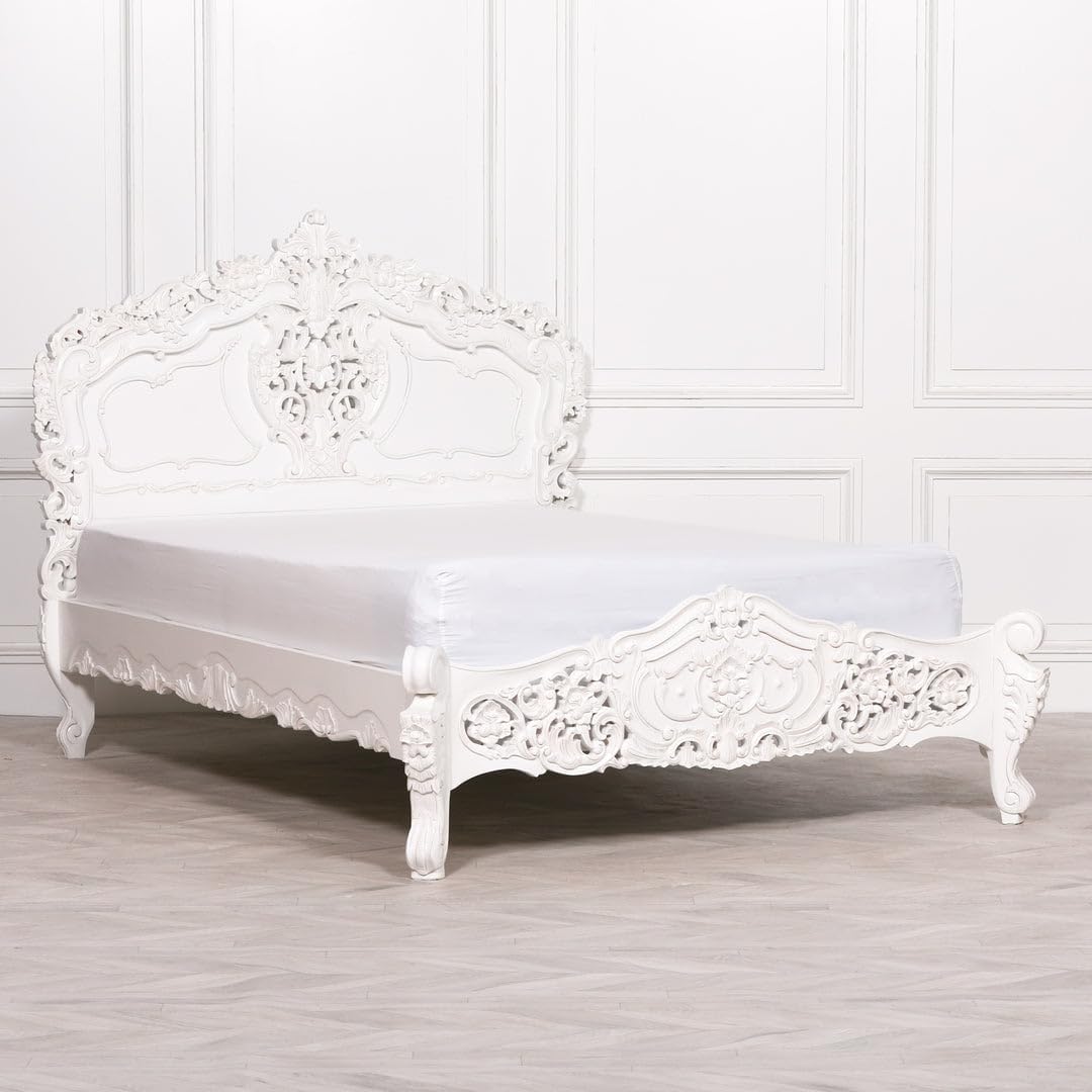 Handmade Carved Queen Platform Bed Frame, Mango Wood Bed Frame Queen Size with Headboard Rustic Vintage Bed Frame White Wash (Queen Size 60x80 inches)