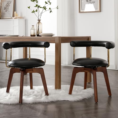 Shunzhi Swivel Dining Chairs Set of 4 Upholstered Dining Room Chairs Black Leather Kitchen Chairs Mid Century Modern Dining Chair with Barrel Back/Wood Legs/Arms for Kitchen/Dining Room/Restaurants