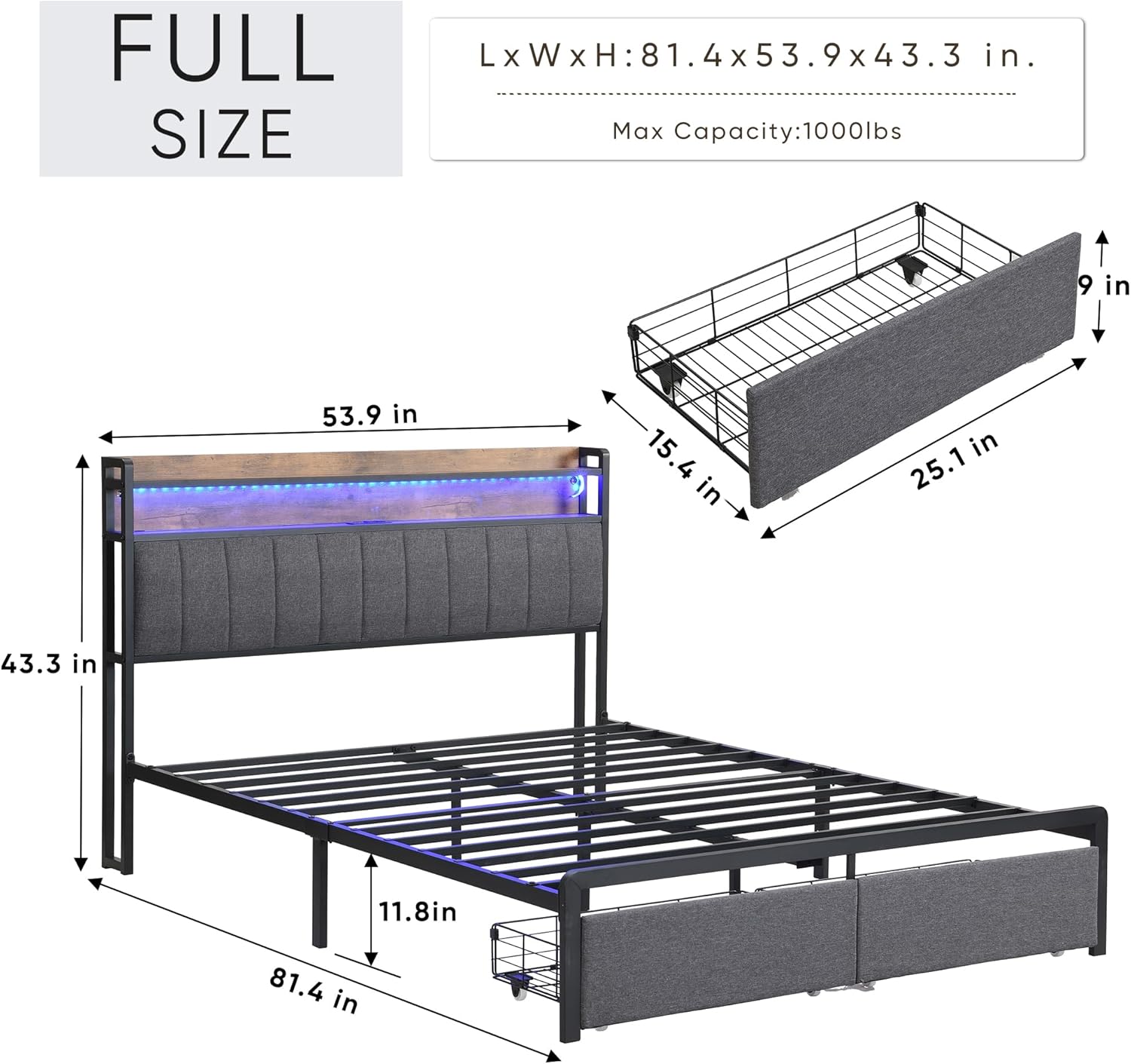 Full Size Upholstered Bed Frame with with Storage Headboard and Drawers, LED Platform Bed w/Charging Station, No Box Spring Needed, Easy Assembly, Gray