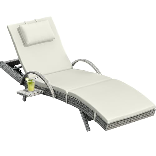 YITAHOME Wicker Chaise Lounge Outdoor, Rattan Pool Lounge Chair Reclining Chaise Lounge Set of 2 w/Pull-out Desktop, 5-Position Backrest, Headrest & Cushion, Armrests for Poolside, Beach(Beige)