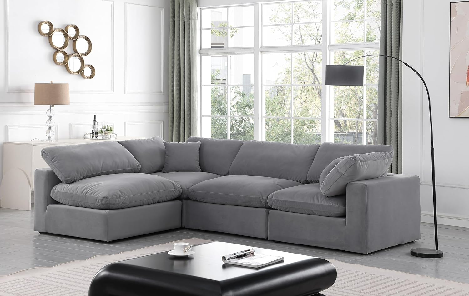 Meridian Furniture Comfy Collection Modern | Contemporary Upholstered Modular Sectional with Soft Velvet, Down Feather Cushions, 119