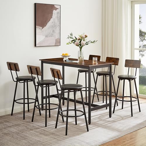 5 Piece Pub Height Dining Table Set, Industrial Style Pub Table Set with 4 PU Leather Bar Chairs, Breakfast Table Set for Kitchen, Living Room, Bar, Rustic Grey