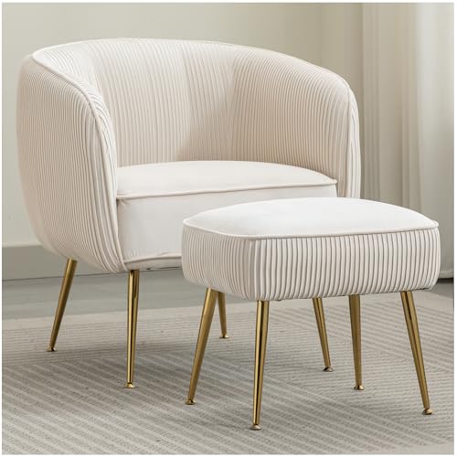 Velvet Accent Chair with Ottoman Set Modern Barrel Arm Upholstered Single Sofa Round Tub Chair with Metal Legs Footrest for Living Room Bedroom Reading Room Office, Orange