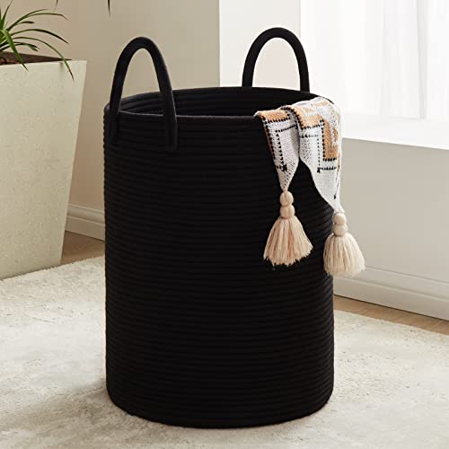 58L Large Woven Laundry Hamper by Fiona's magic, Laundry Basket Storage, Baby Nursery Hamper Toys and Clothes Hamper for Bedroom and Living Room Organizing, Jute, Blue,Tall (58L ) (15''x15''x20'')