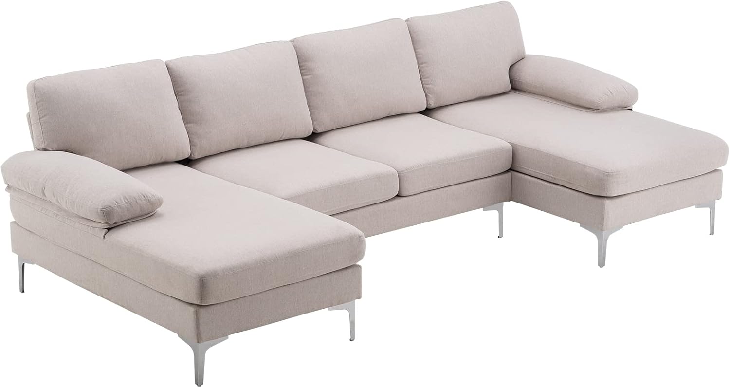 Modern U-Shaped Sectional Sofa Couch, 110'' Linen Fabric Couch Sofa, Upholstered Sofa Bed with Metal Legs for Living Room, Home Office(Ship from USA)