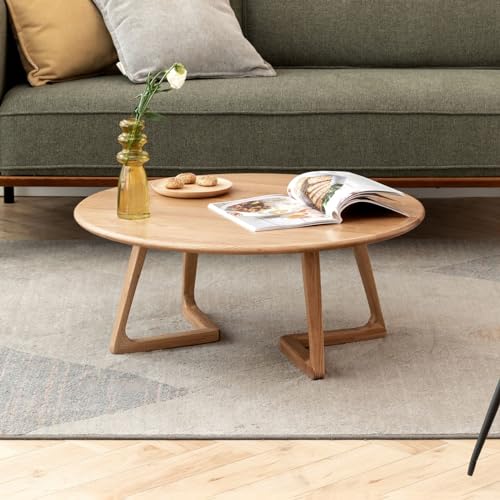 100% Solid Oak Wood Round Coffee Table，Natural Wood Coffee Tables for Living Room, Log Color Low Modern Coffee Table (H:11.8inch)