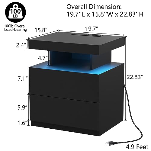 HOMMPA LED Nightstand with Wireless Charging Station & USB Ports High Gloss Bedside Table with LED Light RGB Adjustable Brightness Smart Nightstand 2 Drawers Night Stand for Bedroom Walnut