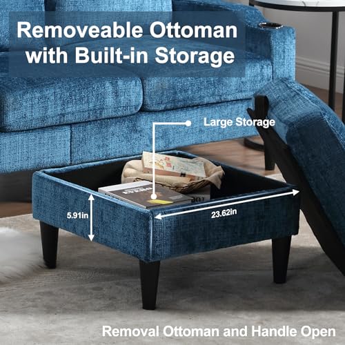 Convertible Sectional Sofa Couch,L-Shaped Couch with Storage Ottoman, 3 Seater Modern Chenille Sectional Couches for Living Room/Apartment/Office/Small Space (Teal Blue)