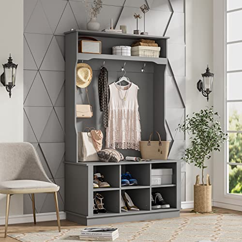AIEGLE hall tree with Bench, 3-in-1 Entryway Coat Rack with 6 shoe storage Cube and 4 Hanging Hooks, Grey (39.8