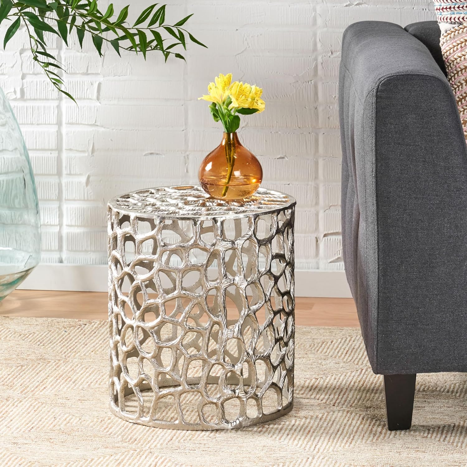 Dolonm Modern Cylindrical Accent End Tables with Unique Abstract Mesh Design, Nickel Finish, Lightweight Aluminum Frame, No Assembly Required