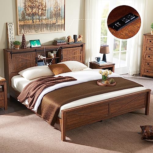 T4TREAM Farmhouse Full Size Bed Frame w/Storage Bookcase Headboard, Sliding Barn Door, Charging Station, Rustic Wood Platform Bed w/Wood Slats Support, No Box Spring Needed, Reclaimed Barnwood Color