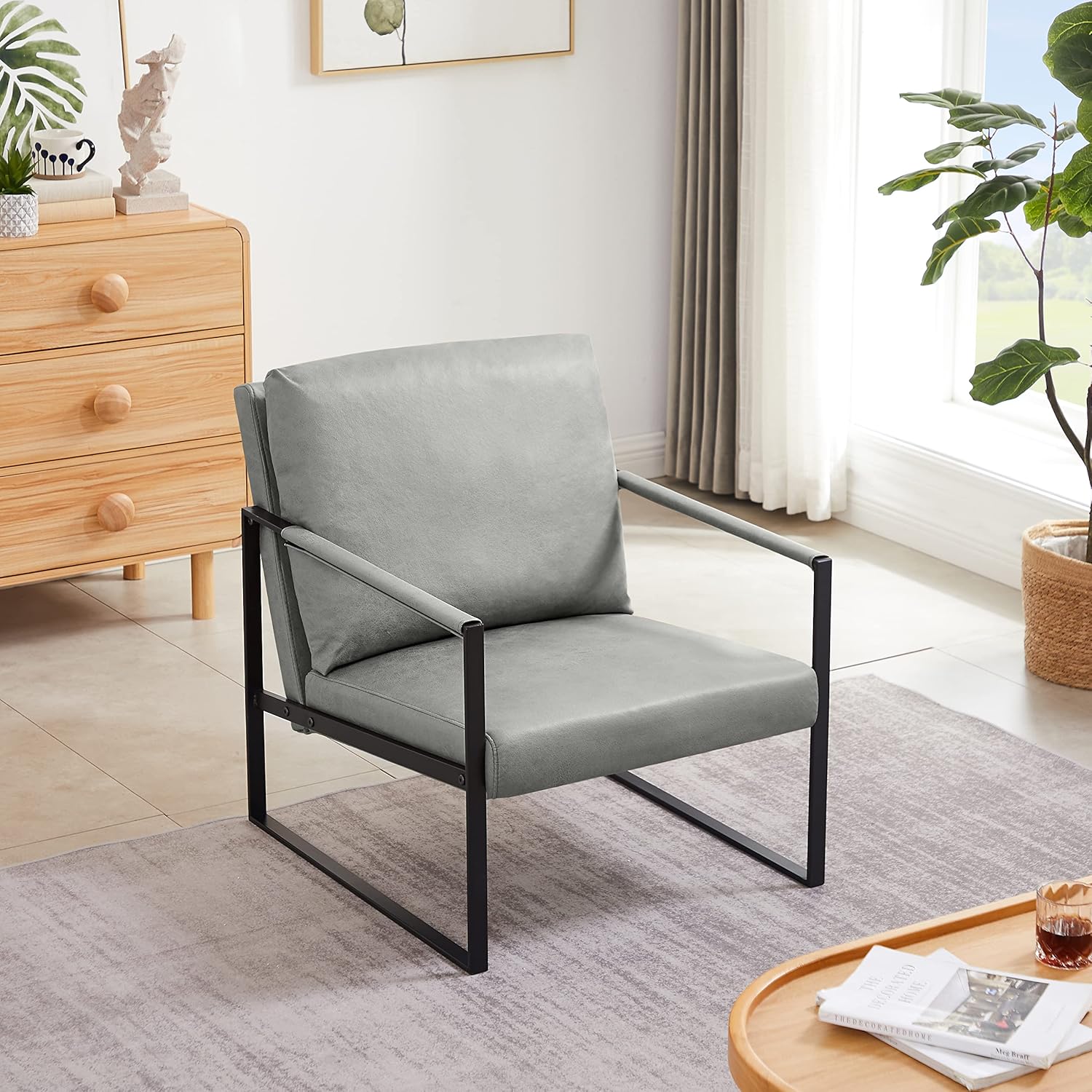 Lounge, living room, office or The reception area PVC leather accent arm chair with Extra thick padded backrest and seat cushion sofa chairs,Non-slip adsorption feet,sturdy metal frame,Gray