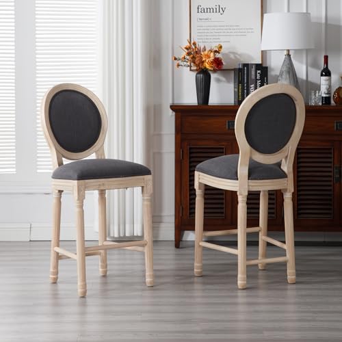 French Country Barstools Set of 2, Solid Wood Bar stools with Cushion Back, Comfy Bar Chairs with Linen Fabric Cushion Seat for Kitchen, Dining Room (Beige, Cushion, 26 inch)
