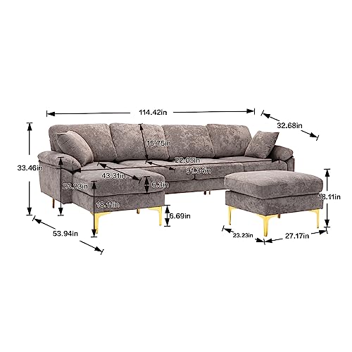 Convertible Sectional Sofa with Ottoman, Polyester Fabric L-Shaped Couch with Golden Metal Legs, Modular Sectional Couch Sets for Living Room, Apartment, Purple