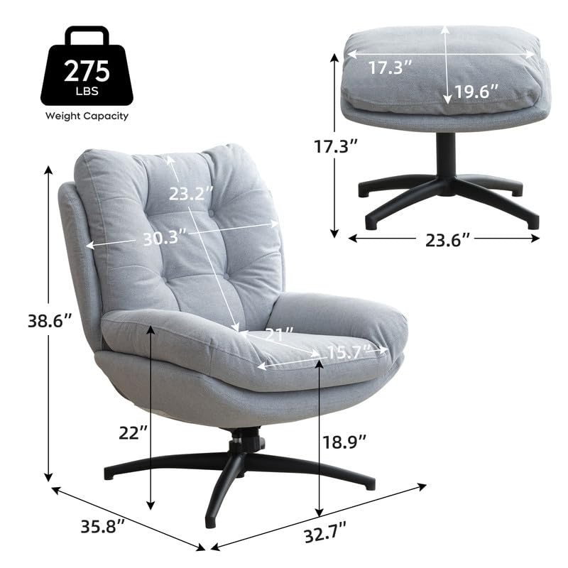 Swivel Accent Chair with Ottoman Modern Reading Chairs Ottoman Set Comfy Rocking Glider Lounge Chair Footrest for Living Room Chenille 360 Swivel,High Back,16