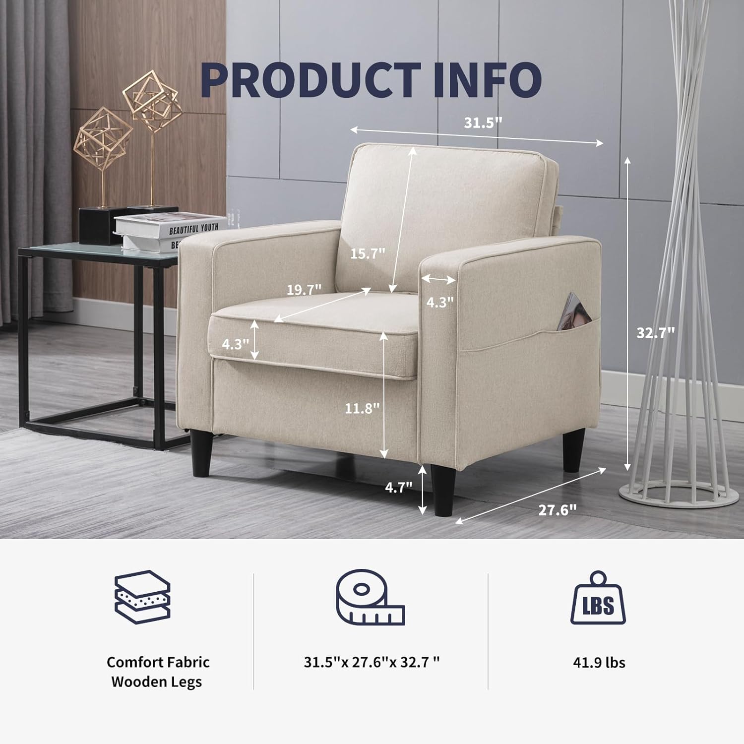 Mid-Century Accent Chair, Linen Fabric Single Sofa with Side Pockets, 4.3