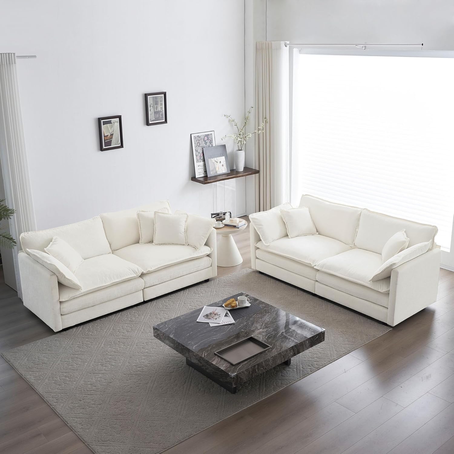 GNIXUU Oversized Modern Living Room Furniture Sets, Inclued 2 pieces loveseat sofa, Comfy Chenille Deep Seat Modular Couch Set for Living Room and Bedroom(2+2 seat, Beige White)