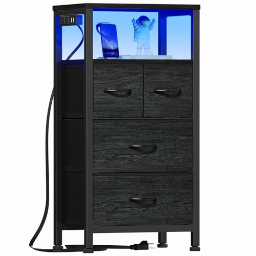 Furnulem Led Nightstand with Charging Station, Bedside Table with 3 Fabric Drawers and Storage Shelf, End Table Side Table with USB Ports and Outlets, Small Night Stand for Bedroom, Rustic Brown