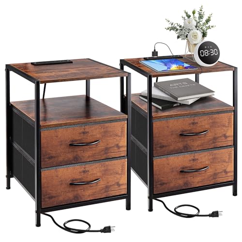 Nightstands Set of 2, Side Tables with USB Ports and Outlets, Modern nightstand Living Room Tables with Fabric Drawers Open Storage Shelves for Bedroom, Office, Small Spaces, Brown